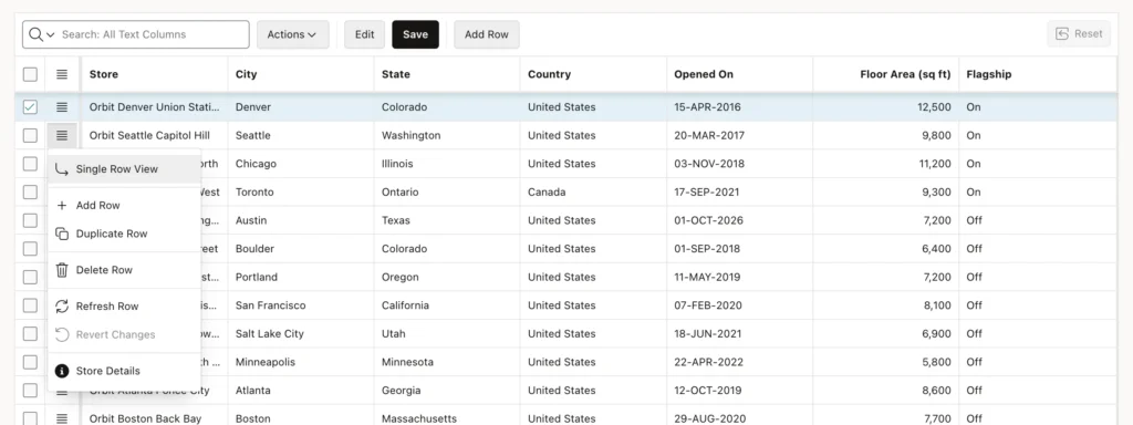 An interactive grid row actions menu with a custom Store Details entry at the bottom