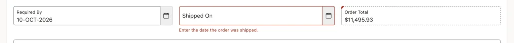 An Oracle APEX form showing an inline error under the Shipped On date when the order is shipped