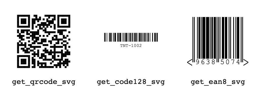 A QR code, a Code 128 barcode for TNT-1002, and an EAN-8 barcode generated by APEX_BARCODE