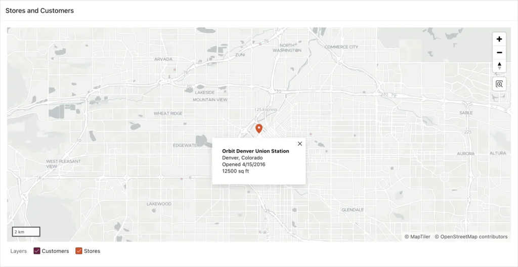 An Oracle APEX map zoomed to Denver with the info window of a store open