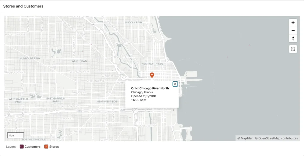 An Oracle APEX map flown to Chicago with the info window of the River North store open