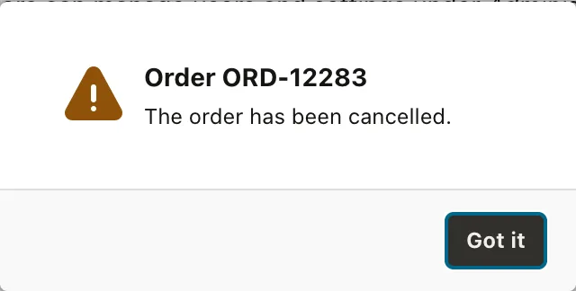 An Oracle APEX warning dialog titled Order ORD-12283 with a Got it button