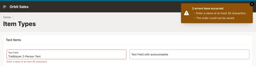 An Oracle APEX page with two errors in the notification and one shown under the Text Field item
