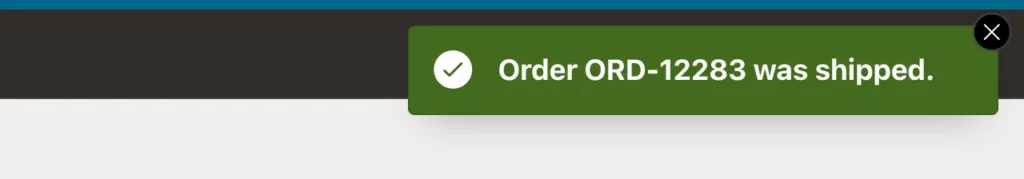 An Oracle APEX success message reading Order ORD-12283 was shipped
