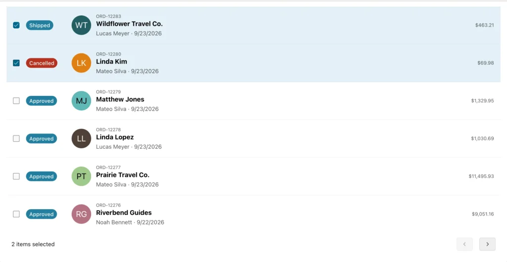 A list of recent orders in Oracle APEX with the first two rows selected