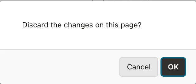 An Oracle APEX confirmation dialog asking to discard the changes on the page