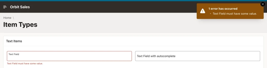 An Oracle APEX page showing a required text field error inline and in a page notification