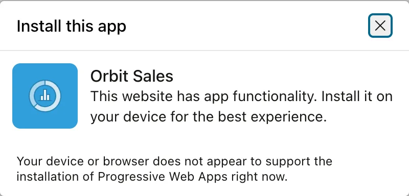 The Oracle APEX Install this app dialog explaining that the browser cannot install the app right now