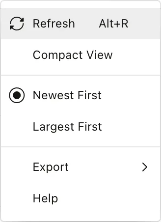 A popup menu with Refresh, Compact View, a Newest First and Largest First radio group, an Export sub menu, and Help