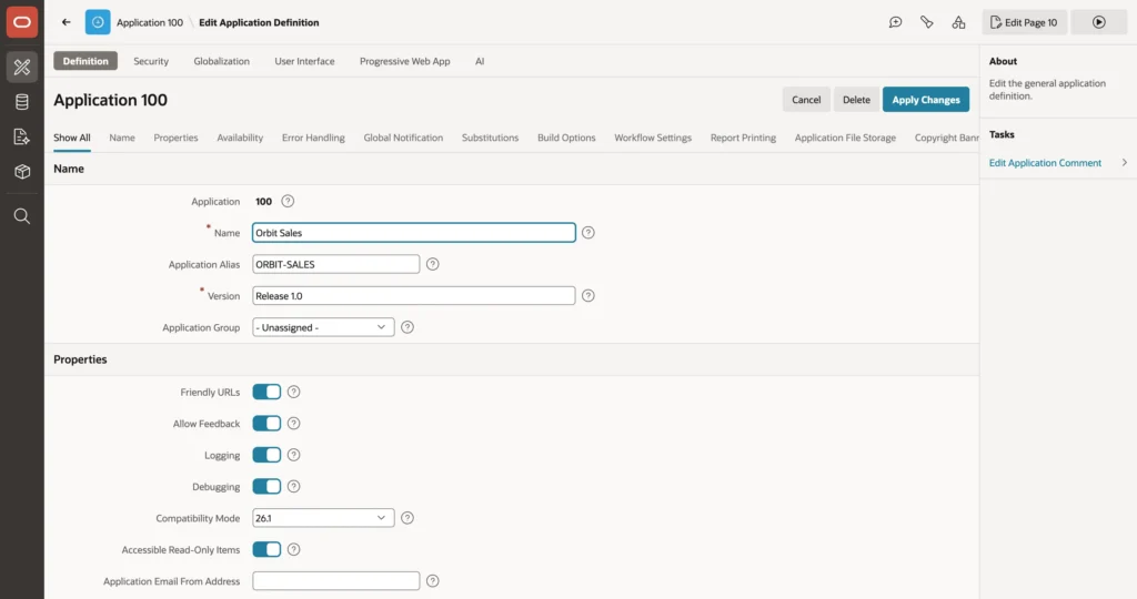 The application definition in Oracle APEX Shared Components