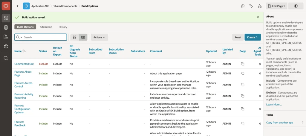 The list of build options in an Oracle APEX application