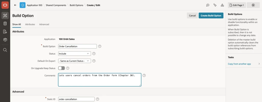 Creating a build option in Oracle APEX