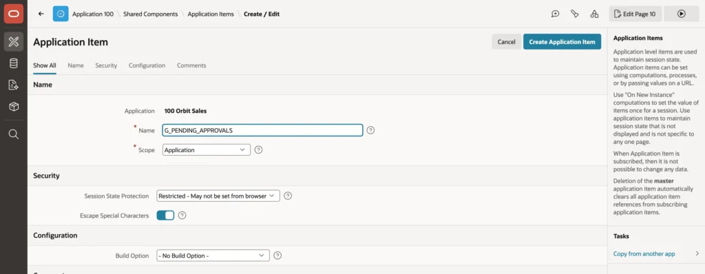 Creating an application item in Oracle APEX