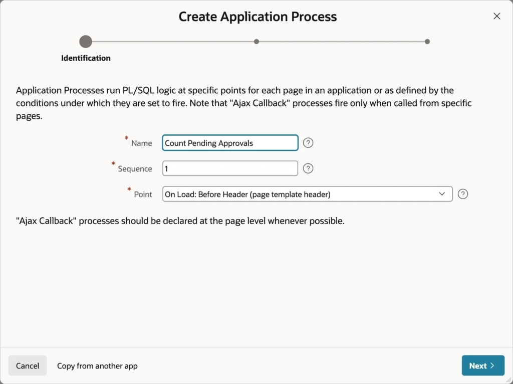 Naming an application process and choosing its point in Oracle APEX
