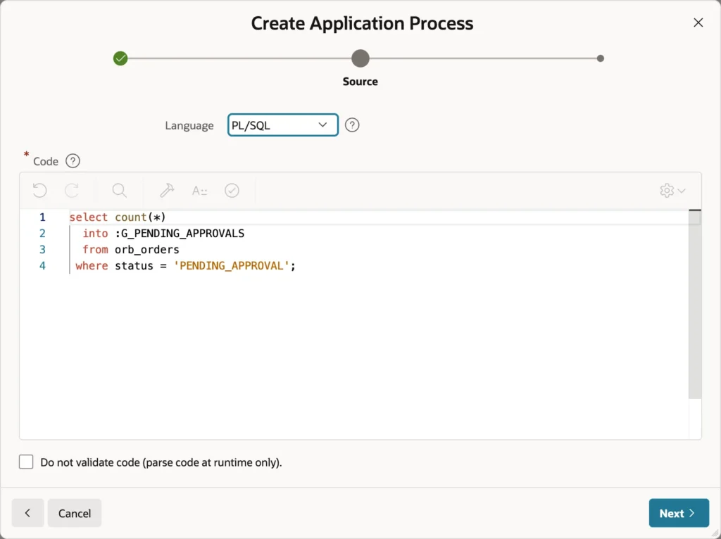 The PL/SQL code of an application process in Oracle APEX