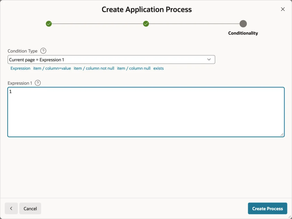 A condition limiting an application process to one page