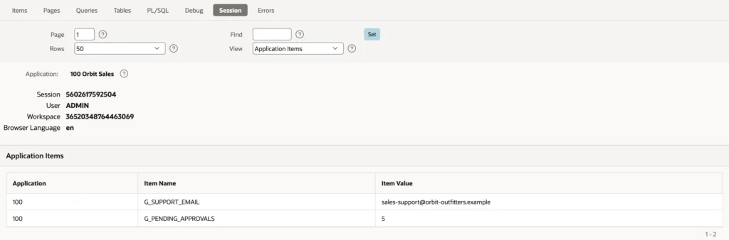 Application items and their values in Oracle APEX session state