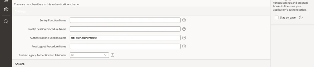 The settings of a custom authentication scheme in Oracle APEX