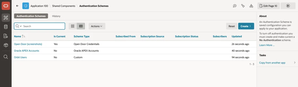 The authentication schemes of an Oracle APEX application