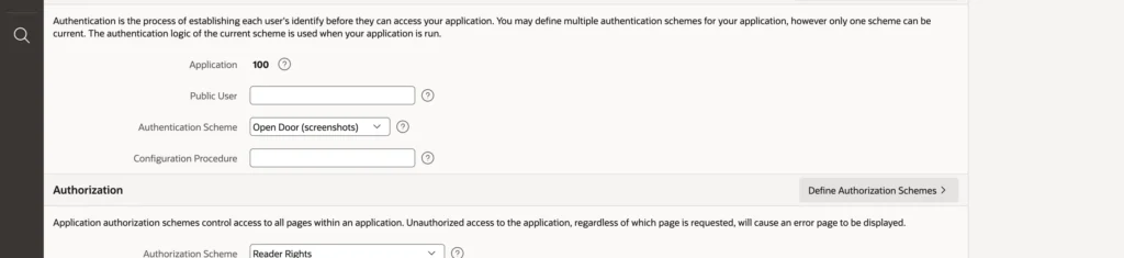 The authentication section of application security attributes in Oracle APEX