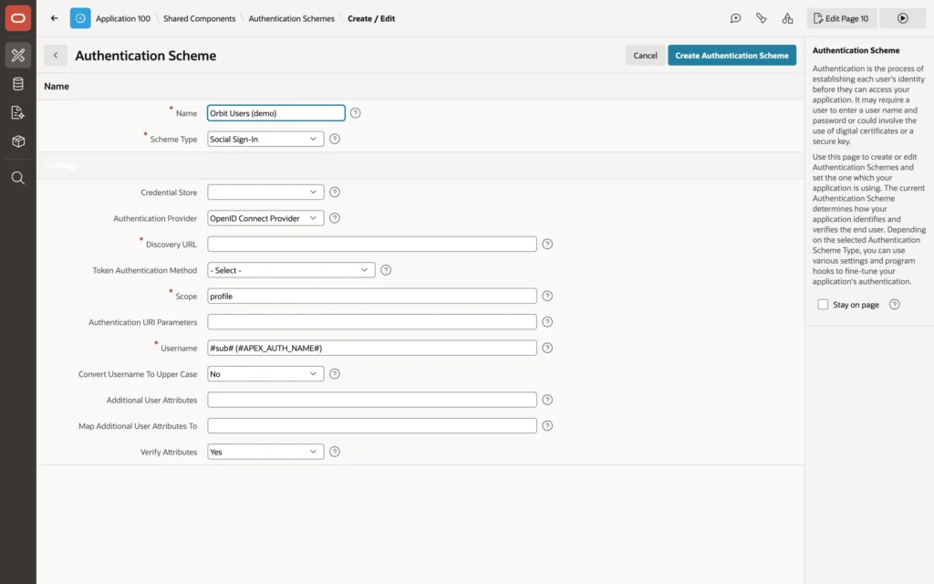The attributes of a Social Sign-In scheme in Oracle APEX