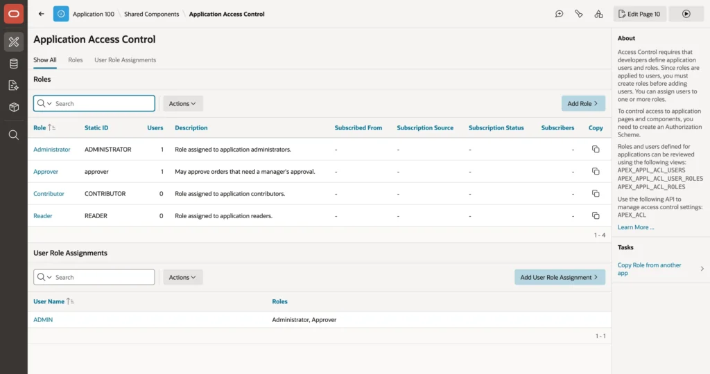 Application Access Control roles and user assignments in Oracle APEX