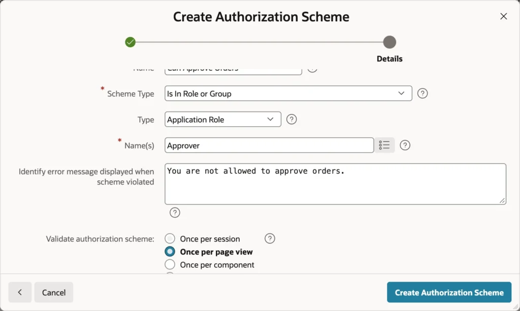 Creating a role-based authorization scheme in Oracle APEX