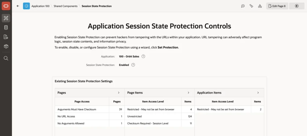 The session state protection summary of an Oracle APEX application