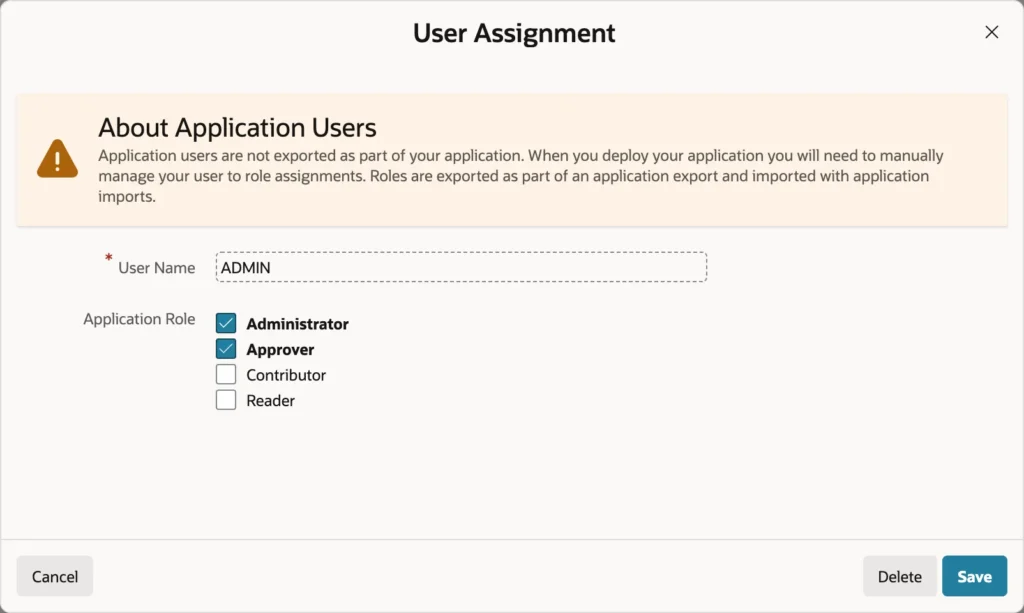 Assigning roles to a user in Oracle APEX