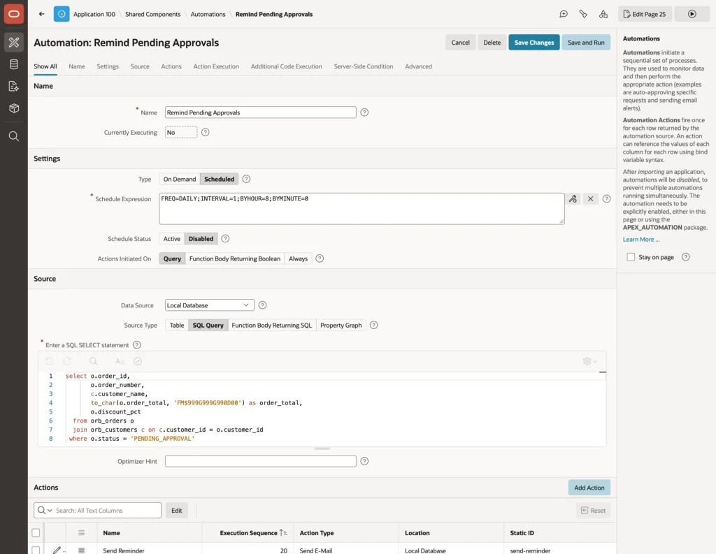 An automation and its settings in Oracle APEX
