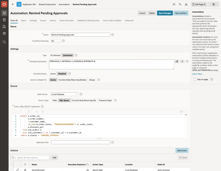 An automation and its settings in Oracle APEX