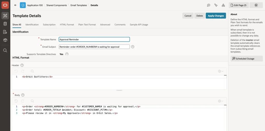 An email template with placeholders in Oracle APEX