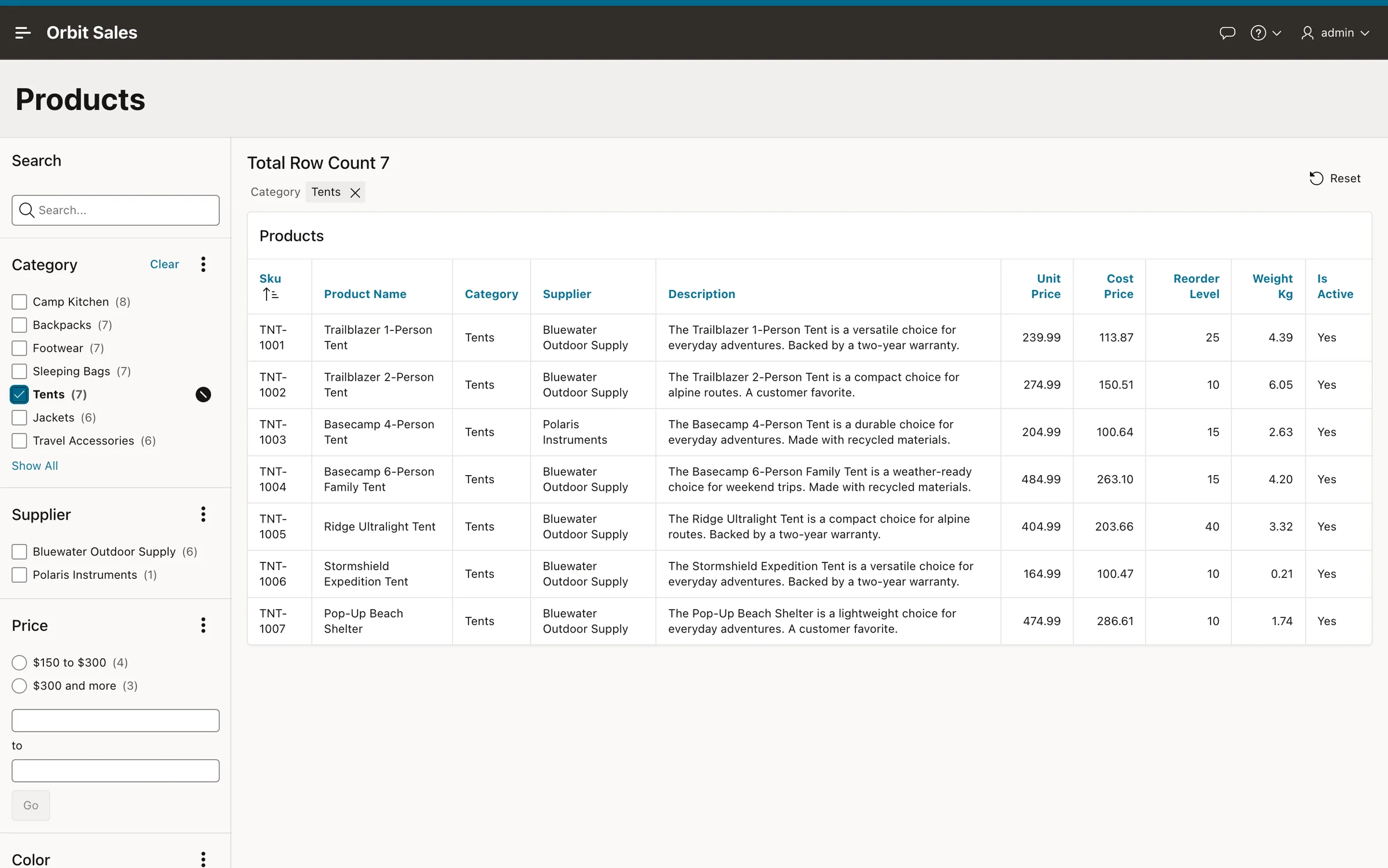 Faceted search over products