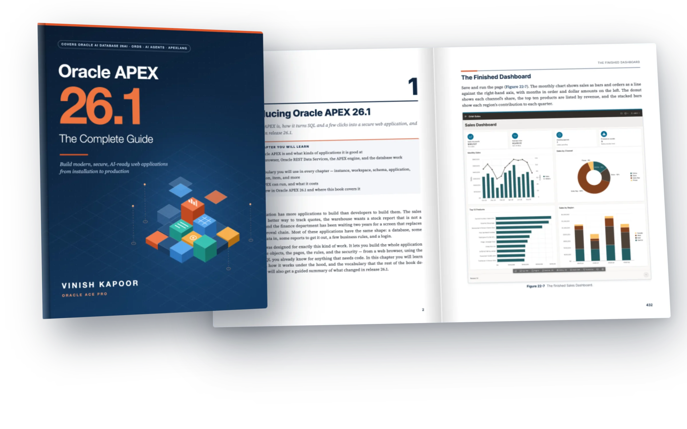 The book Oracle APEX 26.1: The Complete Guide, in front of an open spread with chapter 1 and the finished sales dashboard
