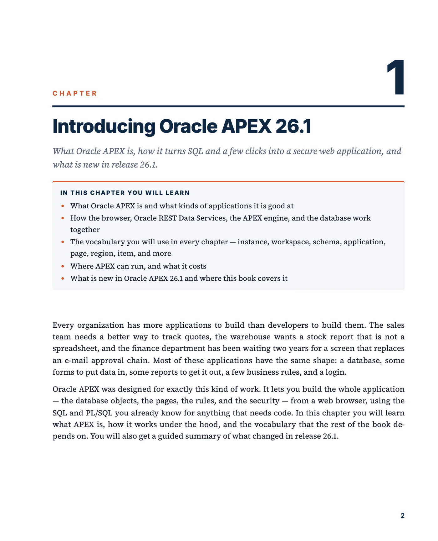 The first page of chapter 1, Introducing Oracle APEX 26.1