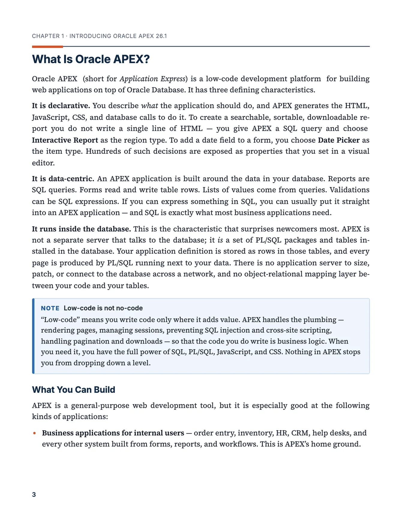 The second page of chapter 1, What Is Oracle APEX?