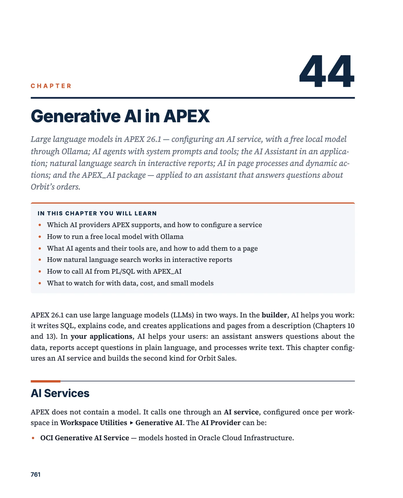 The first page of chapter 44, Generative AI in APEX