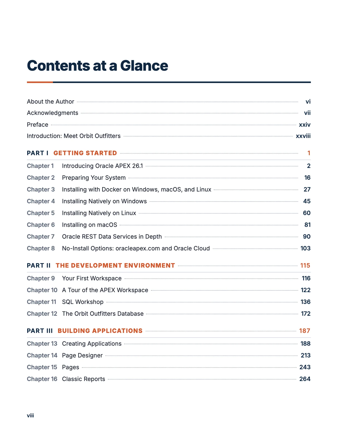 Contents at a Glance page of Oracle APEX 26.1: The Complete Guide