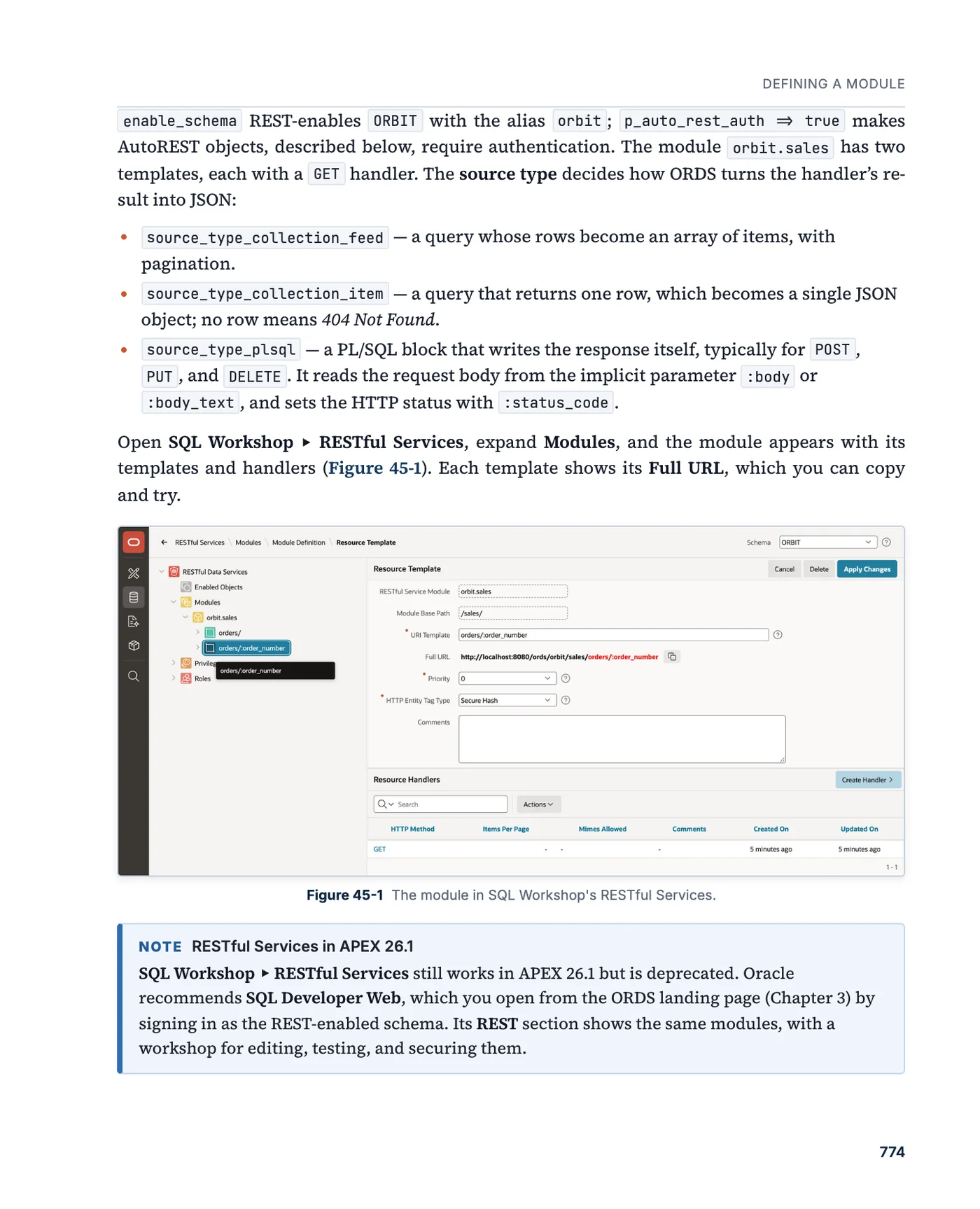 A page of chapter 45 about RESTful services with ORDS