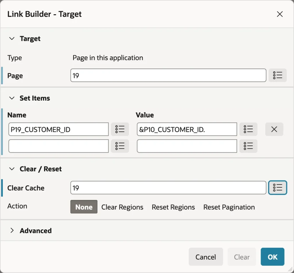 Setting the target of a menu button entry in Oracle APEX