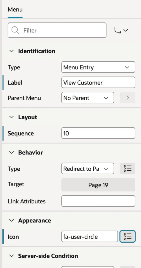 The properties of a menu button entry in Oracle APEX