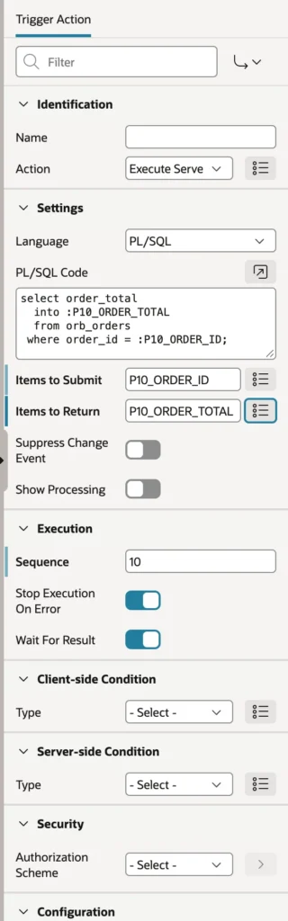 Configuring a triggered action with server-side code in Oracle APEX