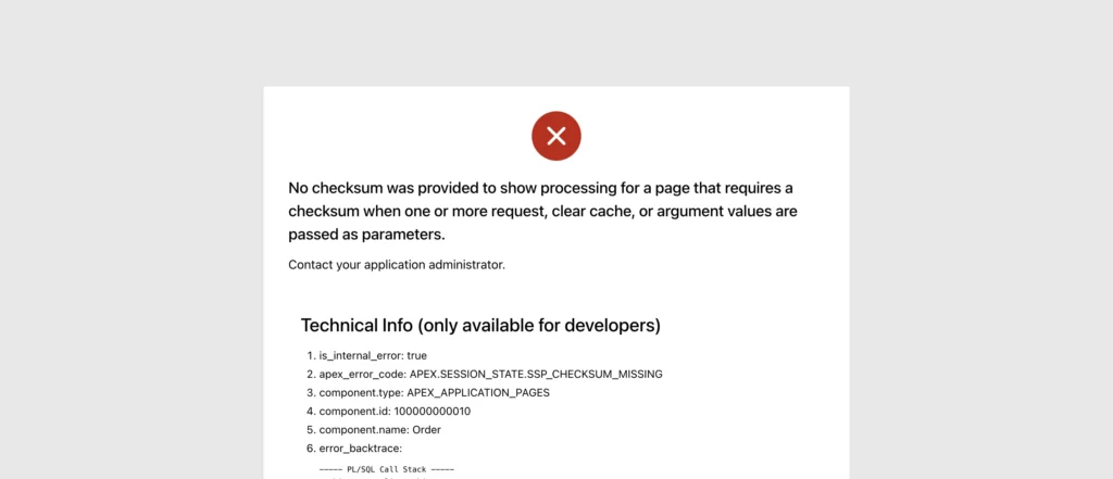 Oracle APEX rejecting a tampered URL with a checksum error