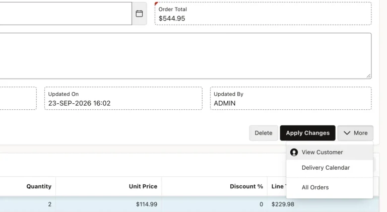 A menu button open on an Oracle APEX form