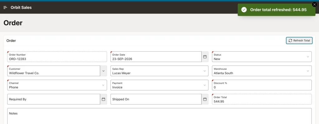 A trigger action button refreshing a value and showing a message