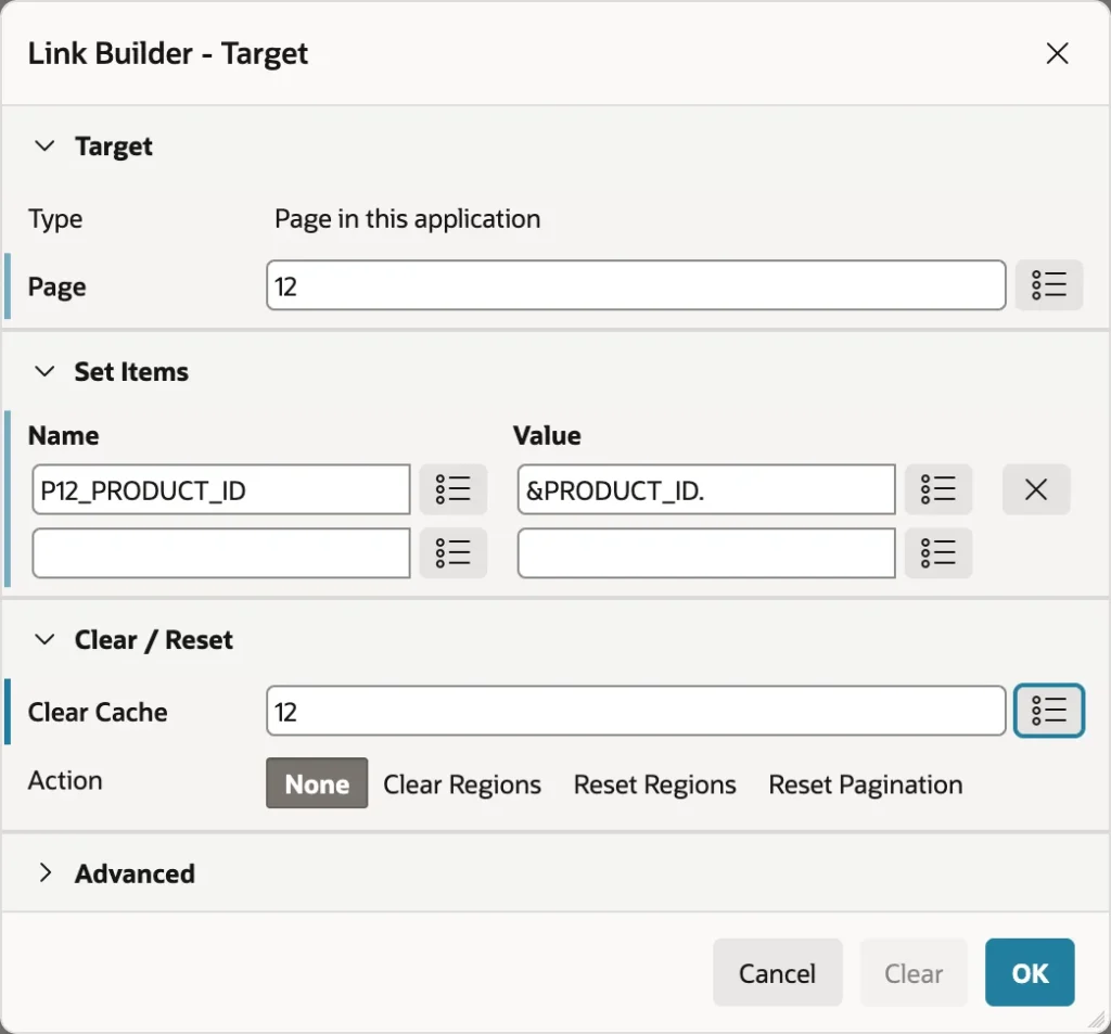 Setting the target of a card action in Oracle APEX