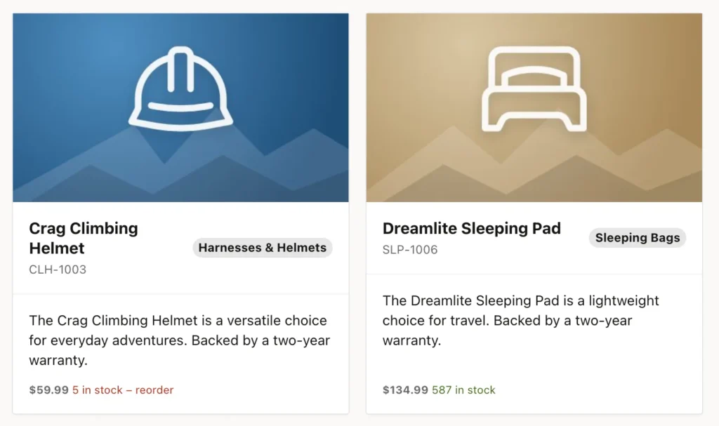 Two product cards, one showing a low stock warning in red
