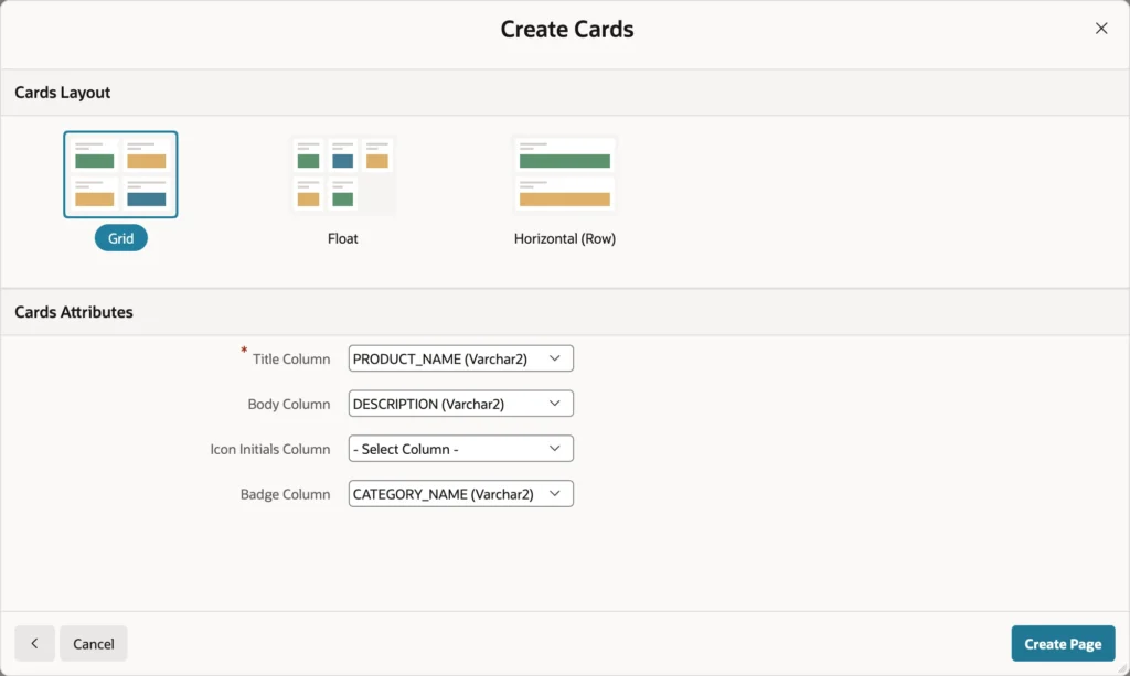 The second step of the Create Cards wizard in Oracle APEX