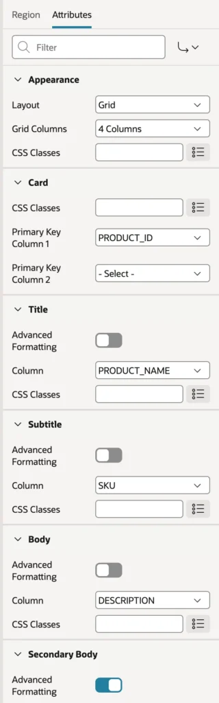 The attributes of a cards region in Oracle APEX