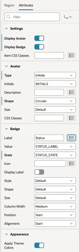 The attributes of a Content Row region in Oracle APEX